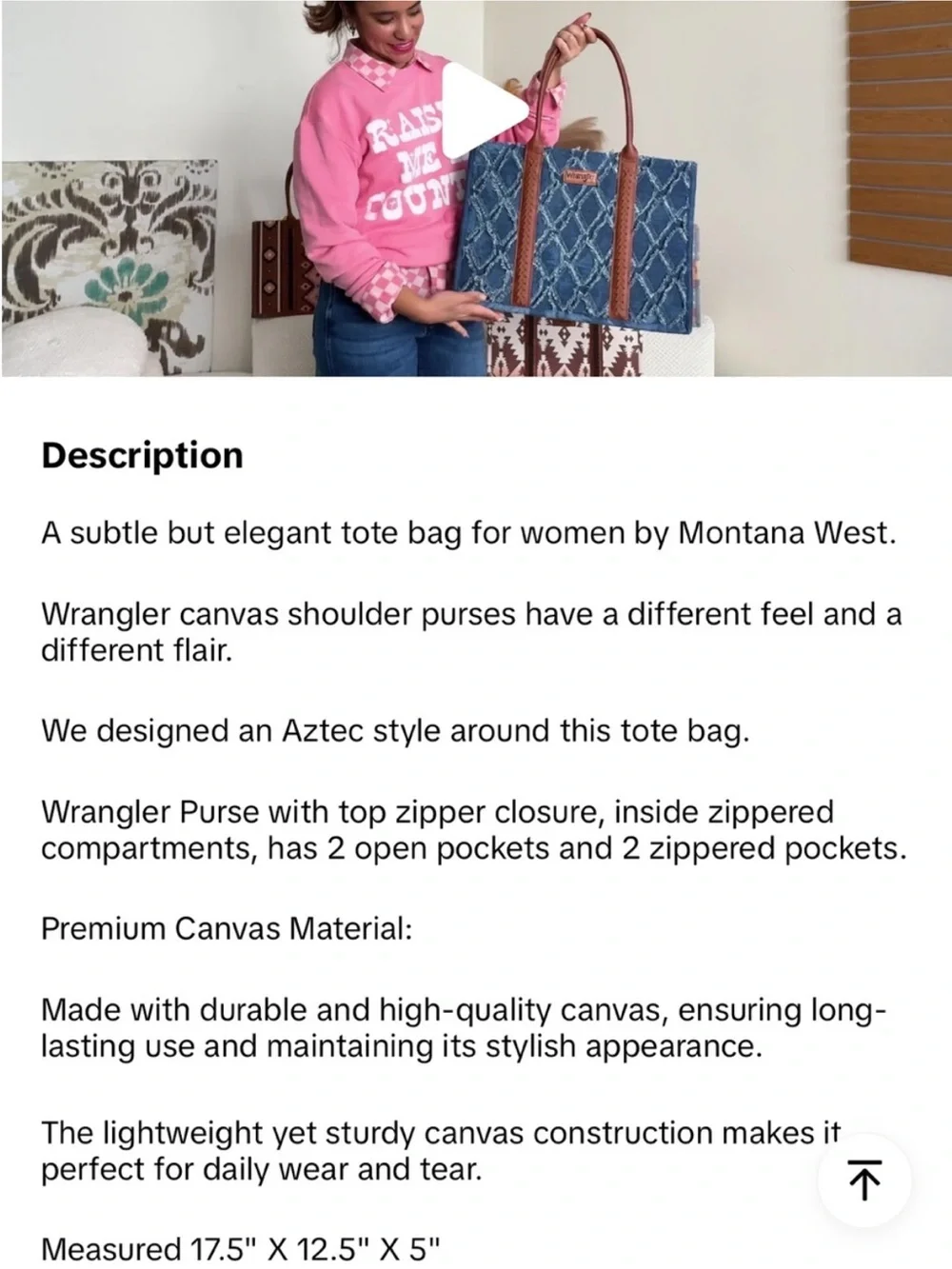 Wrangler Turquoise Aztec Pattern Tote with Brown Trim